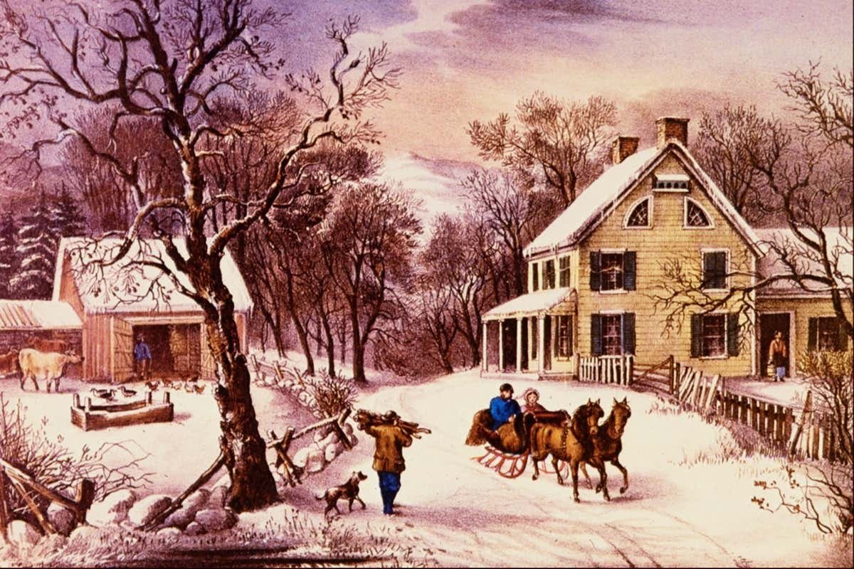 Hand-colored lithograph “American Homestead Winter” by Currier and Ives, 1868